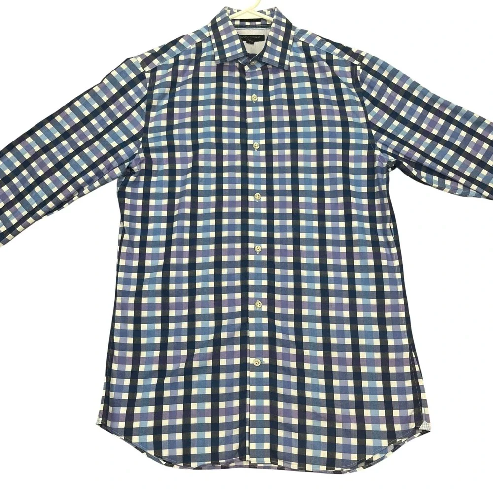 Banana Republic Blue White Check Plaid Dress Shirt Men Medium Grant Fit Non-Iron